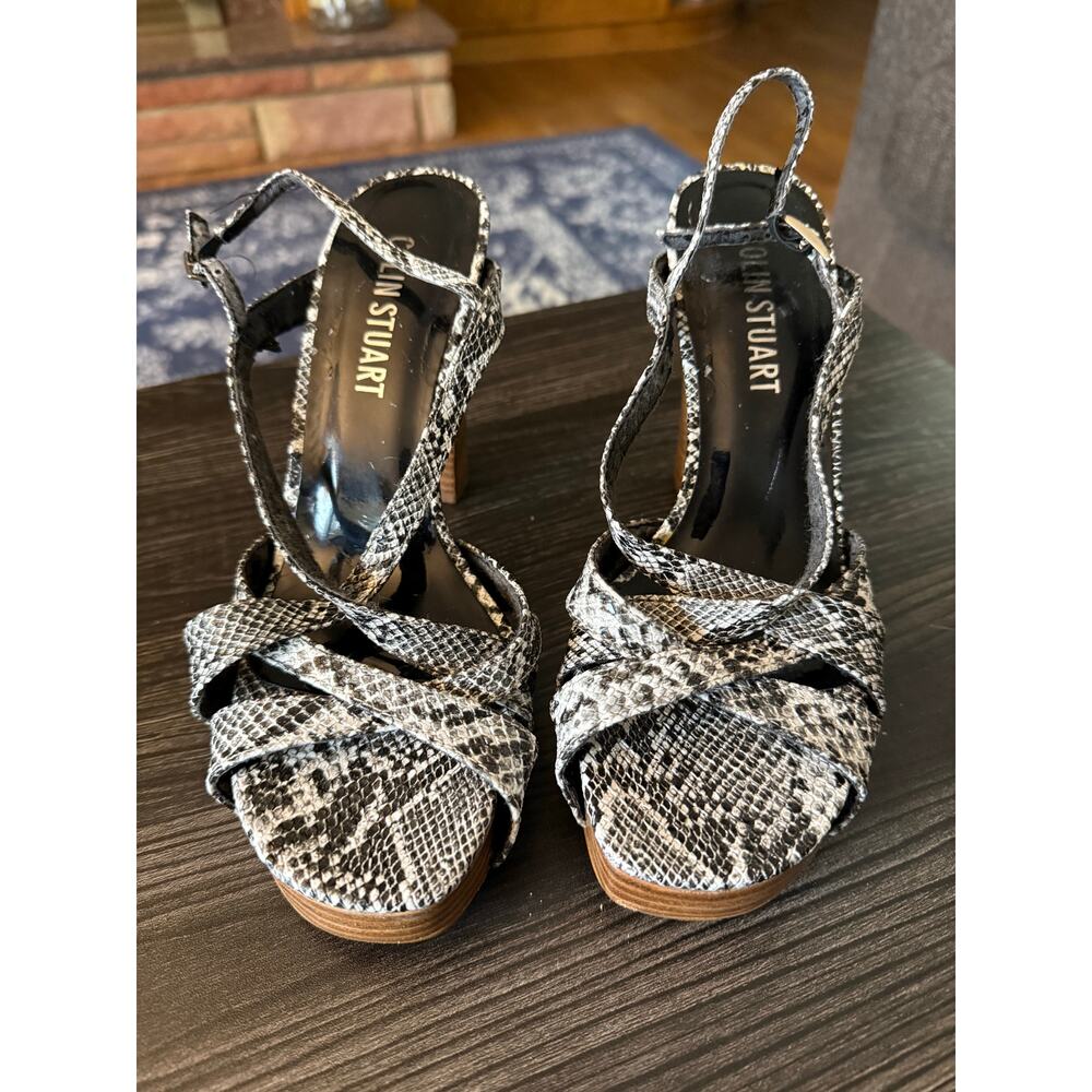 Colin Stuart Black and White Snake Print Platform Ankle Strap High Heels Sz. 7.5